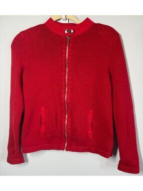 Y2K Chaps Red Zip Front Sweater Womens S Pockets 90s Retro Moto Biker Layering